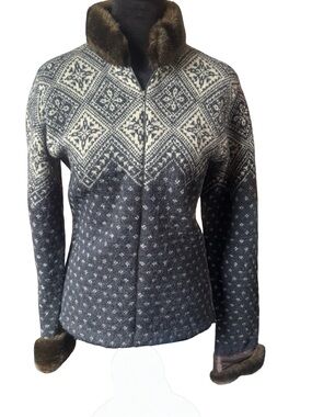 Lauren Ralph Lauren Fair Isle Wool Sweater Jacket Faux Fur Trim Size Medium